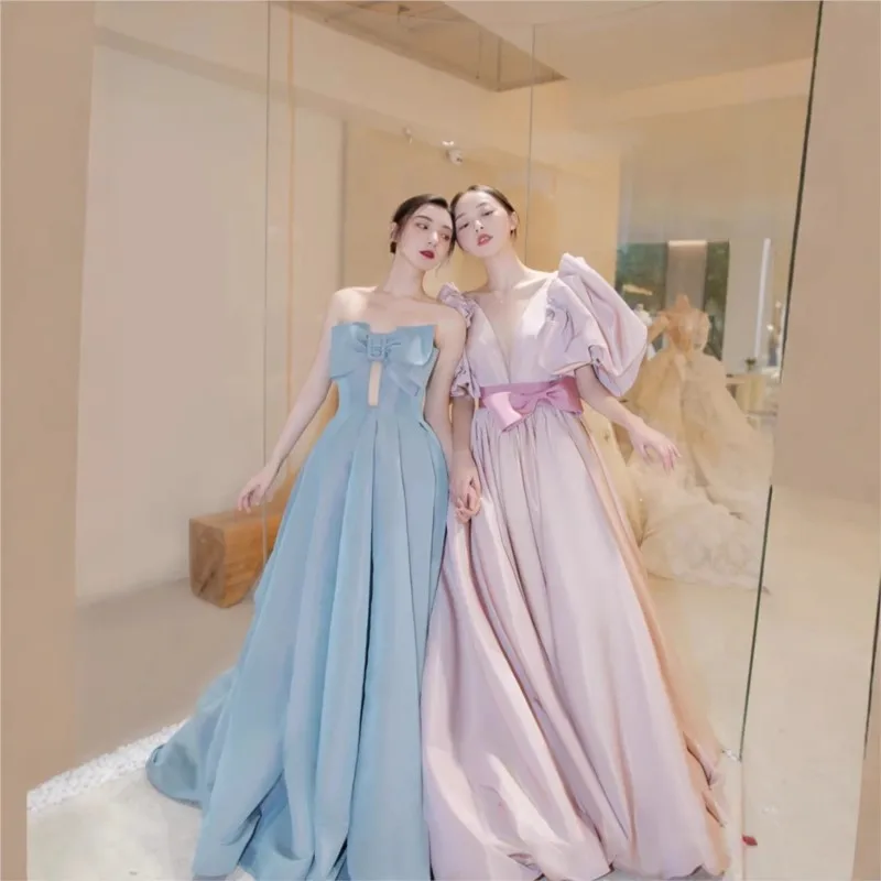 

Pink puffed-sleeve toasting banquet performance dress