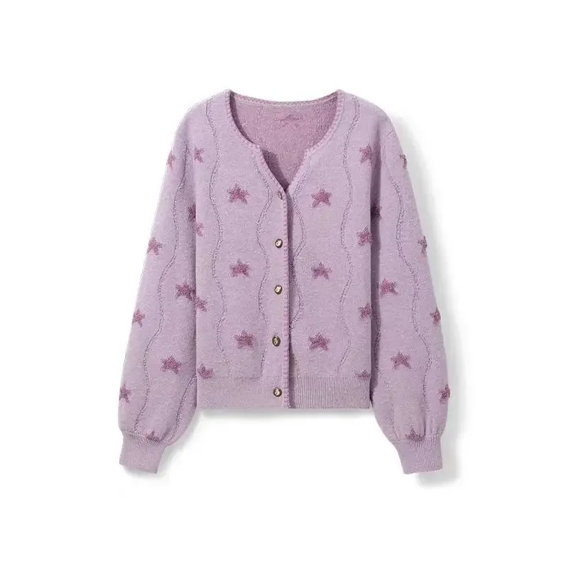 Winter New Round Neck with A Row of Buttons Bubble Loose Cute Gentle Purple Sweater Slim Cardigan Fashion Long Sleeve Girls Top