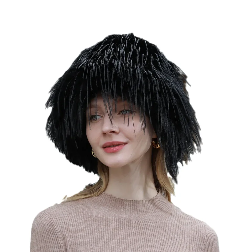 겨울용 털 버킷햇 여성용 퍼 피셔맨 비니 따뜻한 플리스 안감 단색 한국 패션 얼굴 슬림 효과