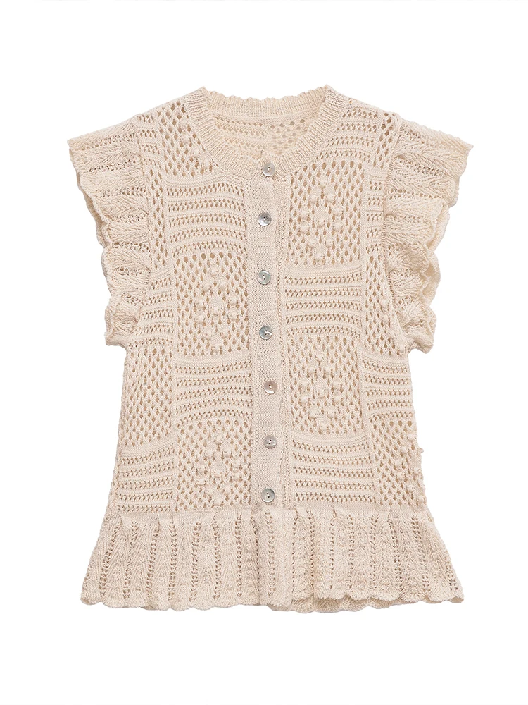 

European style new women's fashion versatile temperament layered decorative jacquard mesh knitted tops