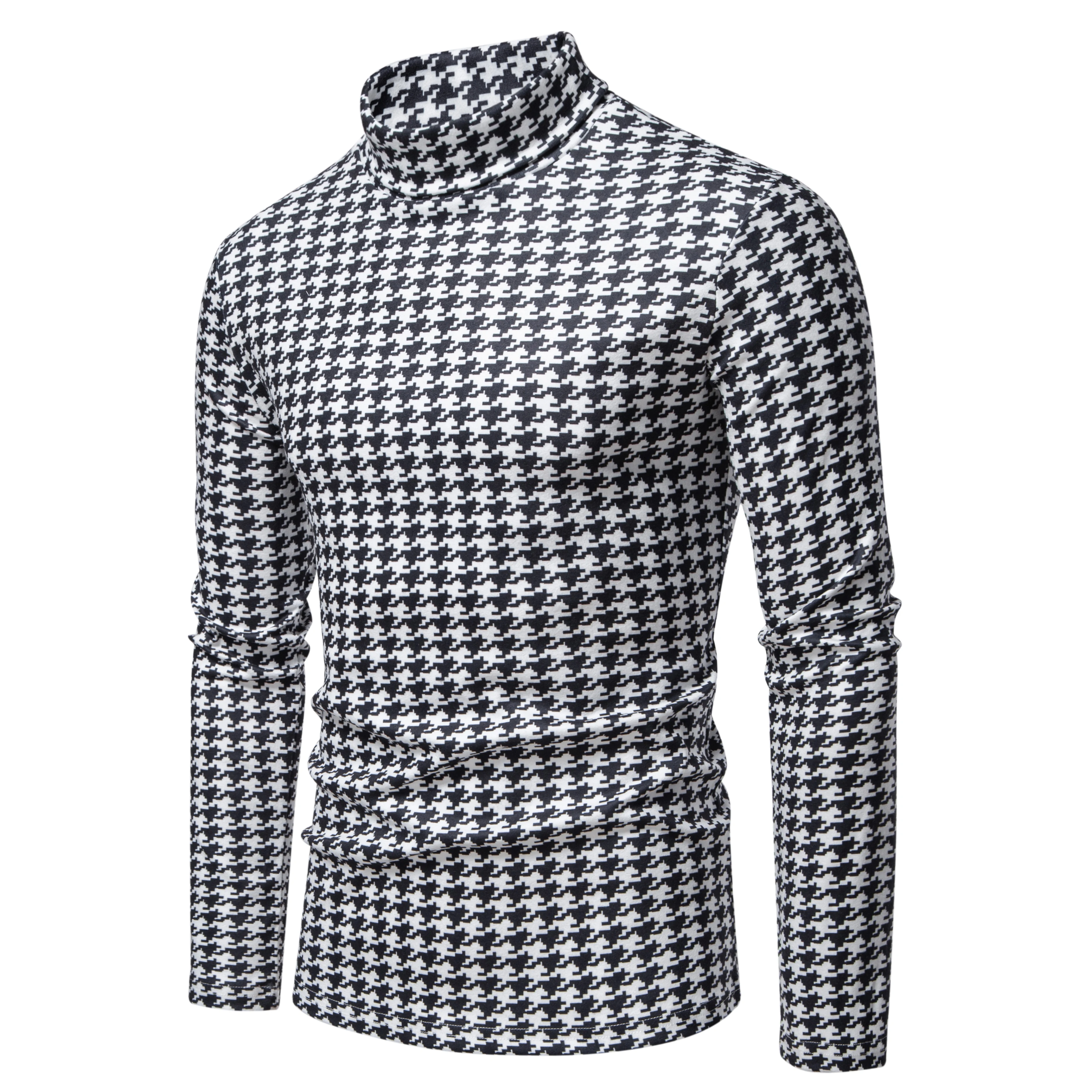 Men's Spring and Autumn Turtleneck Houndstooth Fleece Pullover Fashion Casual High Elasticity All-match Men's Shirt