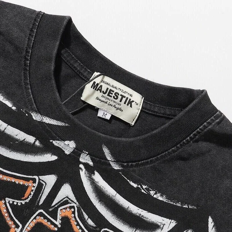 MAJESTIK Trendy Spider Print Beaded Washed Vintage Summer Men's and Women's Loose Short-Sleeved T-Shirt