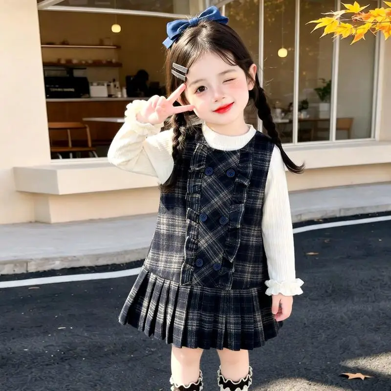Girls Dress Base Shirt Set Girls College Style Vest Skirt Shirt Children's Spring Autumn New Style Small Fragrance Two-Piece Set