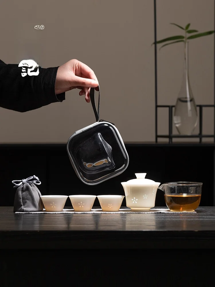 

Portable Travel Tea Set Xijiyu Porcelain Outdoor Camping Tea Brewing Three-Cup Bowl Fast Guest Cup Ceramic Tea Utensils