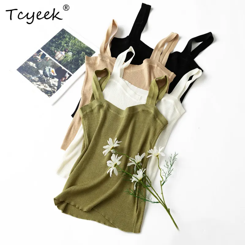 Tcyeek 70 % echte Maulbeerseide-Tops für Damen, Sommer 2026, elegantes gestricktes Stretch-Tanktop im französischen Stil, Damenbekleidung, Ropa Mujer