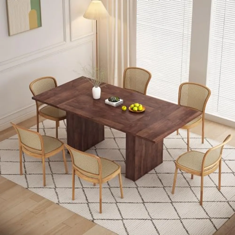 78 Inch Fluted Dining Table, Wood Kitchen Table for 6 to 10, Farmhouse Long Rectangle with Strip Base for Dining Room
