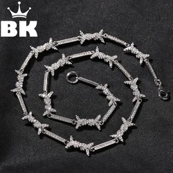 THE BLING KING 3mm Thin Iced Barbed Wire Necklace Micro Paved Cubic Zirconia Punk Twist Spiked Thorns Charm Link Chain Choker