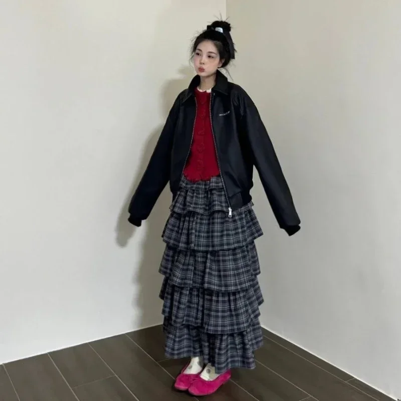 Deeptown Vintage Ruffle Plaid Skirt Women Elegant Sweet Long Skirts Japanese Style Streetwear Fashion Patchwork Layered Skirt