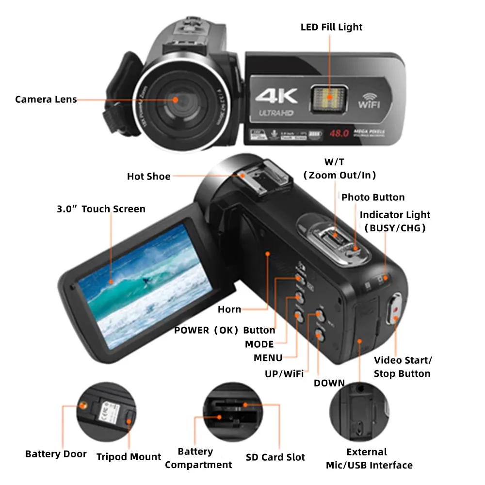 كاميرا فيديو رقمية 4K 48MP 60FPS تركيز تلقائي 16X كاميرا فيديو تكبير تسجيل يوتيوب تدفق كاميرا تسجيل فيديو كاميرات DV محمولة باليد