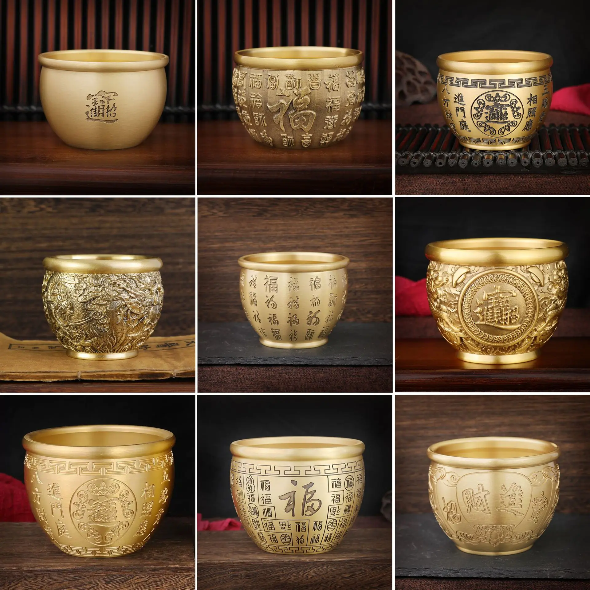 Creative Copper Relief Thickened Brass Bowl Wealth Prosperity Lucky Home Decor Feng Shui Treasure Bowl Basin Hundred Blessings