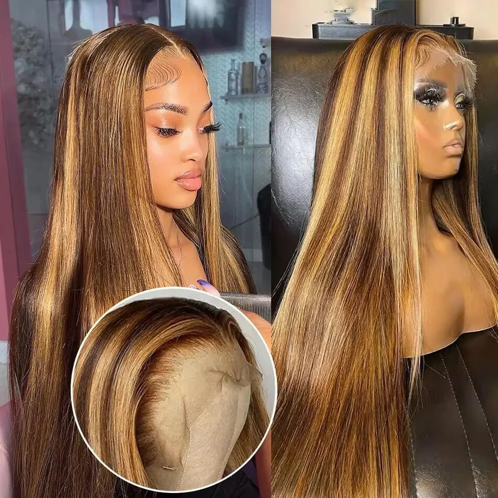 

Highlight 13x4 Lace Front Wig Omber Brown Straight 13x6 HD Lace Frontal Wigs For Women Human Hair P4/27 Honey Blonde Lace Wigs