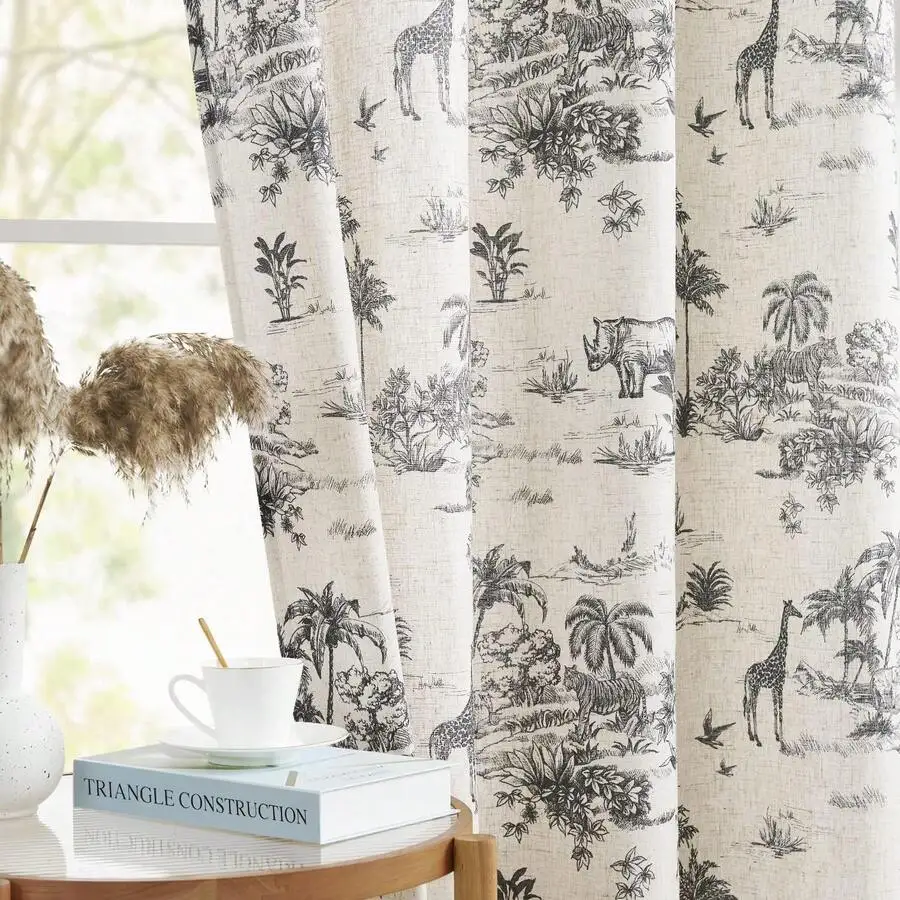 Blackout Linen Curtains Tropical Animal Print Botanical Window Treatment For Living Room Farmhouse Drapes Set Of 2