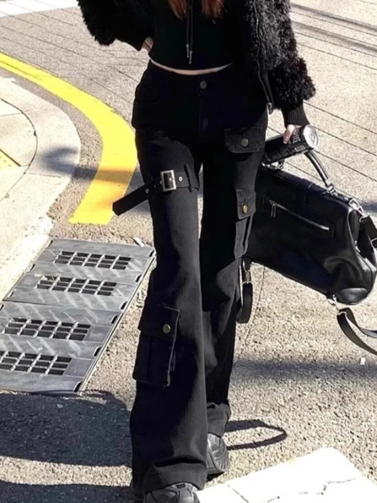 Preto sino inferior jeans para mulheres cintura alta vários bolsos calças retas 2025 primavera novo solto perna larga alargamento calças