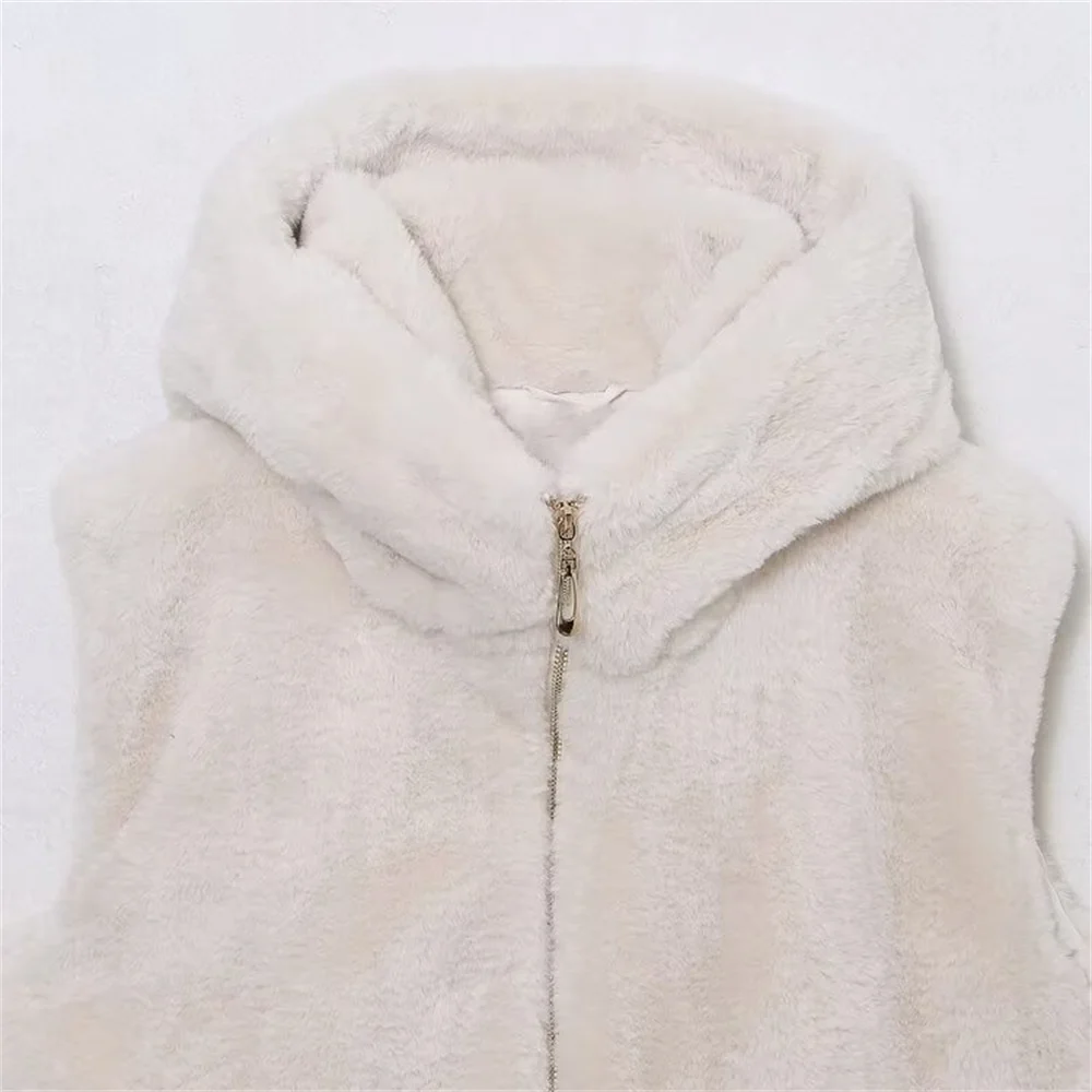 TRAF 2024 Autumn New Product: Women\'s Casual Loose Artificial Fur Effect Hooded Tank Top with Shoulder and Sleeveless Vest