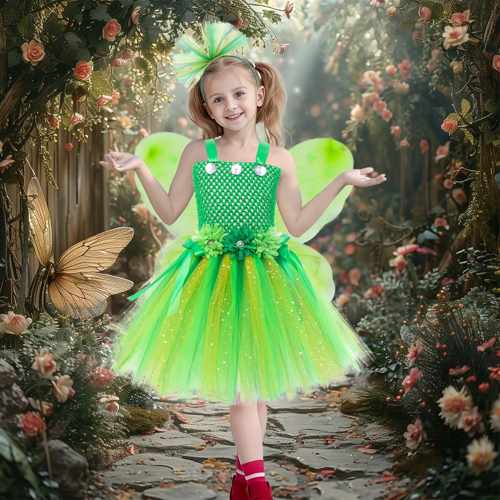 

Garden Fairy Girls Flower Dress Green Floral Girls Party Dresses Kids Jungle Cosplay Costume Princess Tutu Dress with Headband