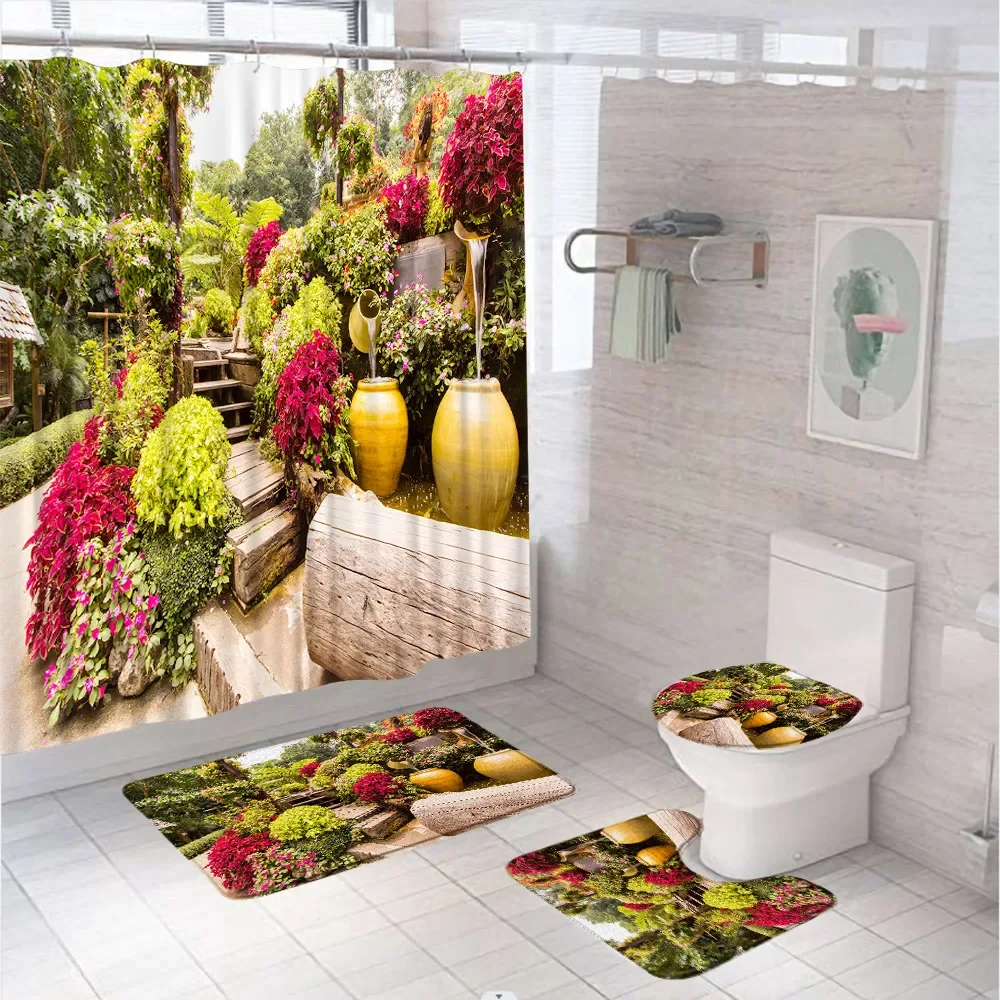 Garden Shower Curtain Sets Colorful Flower Green Plant Floral Scenery Bathroom Fabric Screen Anti-slip Rug Bath Mat Toilet Cover