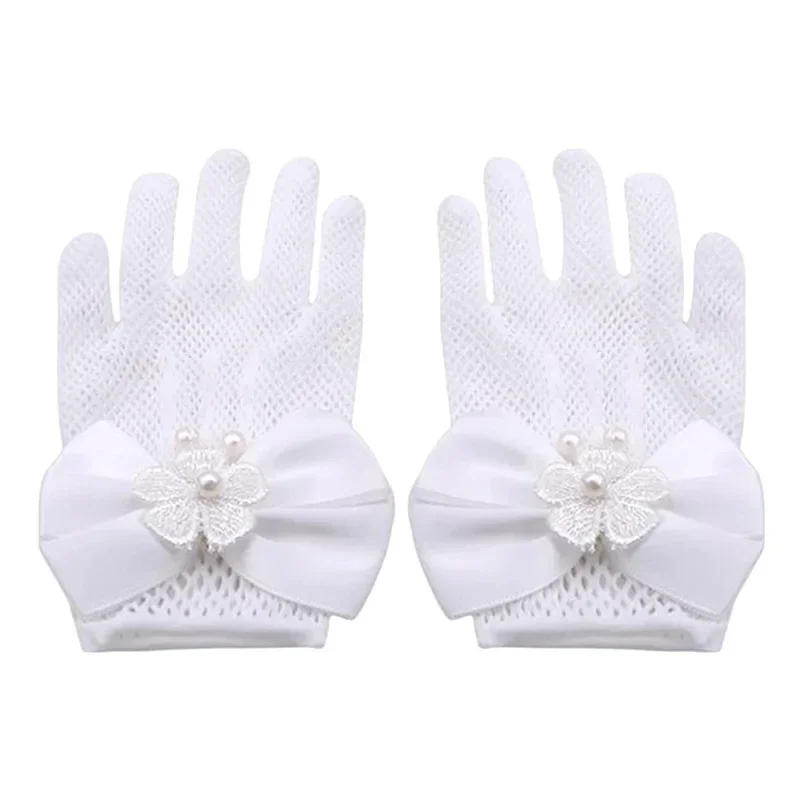 Guantes cortos de flores dulces para niñas, malla, lazo, encaje, decoración de perlas, moda para niños, mitones elegantes, suministros de fiesta