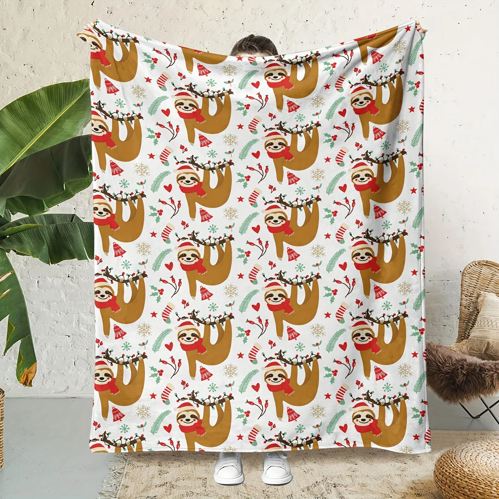 Vintage Christmas Sloth Pattern Digital Print Flannel Throw Blanket - Soft, Warm, Multi-Purpose, All-Season