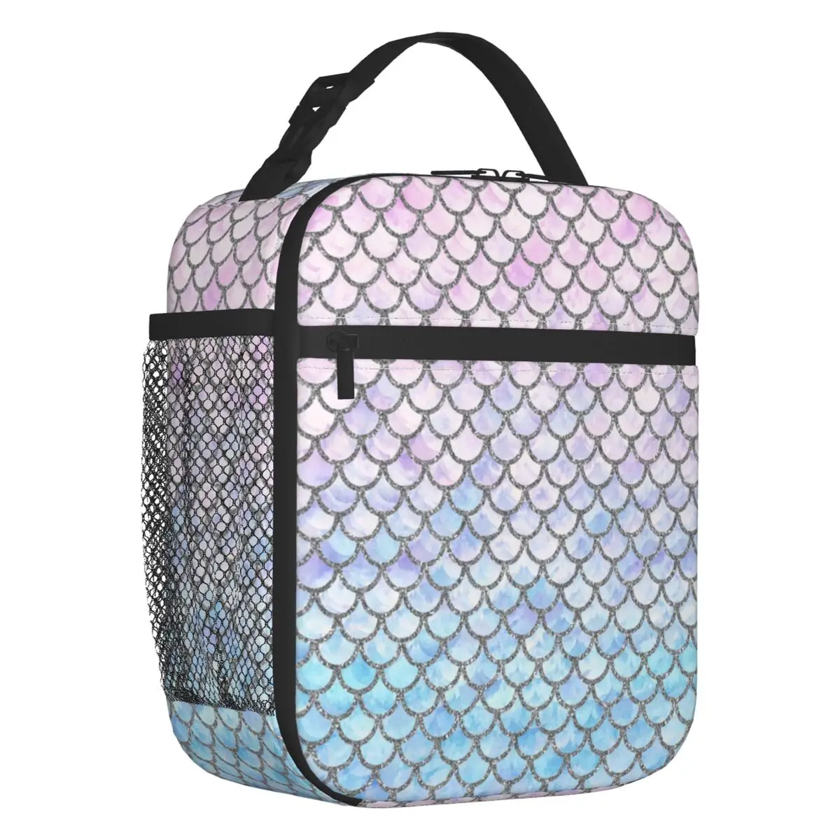 

Custom Pastel Mermaid Scales Pattern Lunch Bag Women Cooler Thermal Insulated Lunch Box for Kids School Children