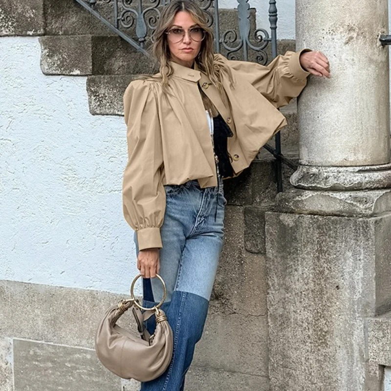 TARUXY Puff Sleeve Short Jacket Coat Women's Fashion Pleated Loose Solid Stand Collar Jacket Autumn 2025 Lady Outwears Street