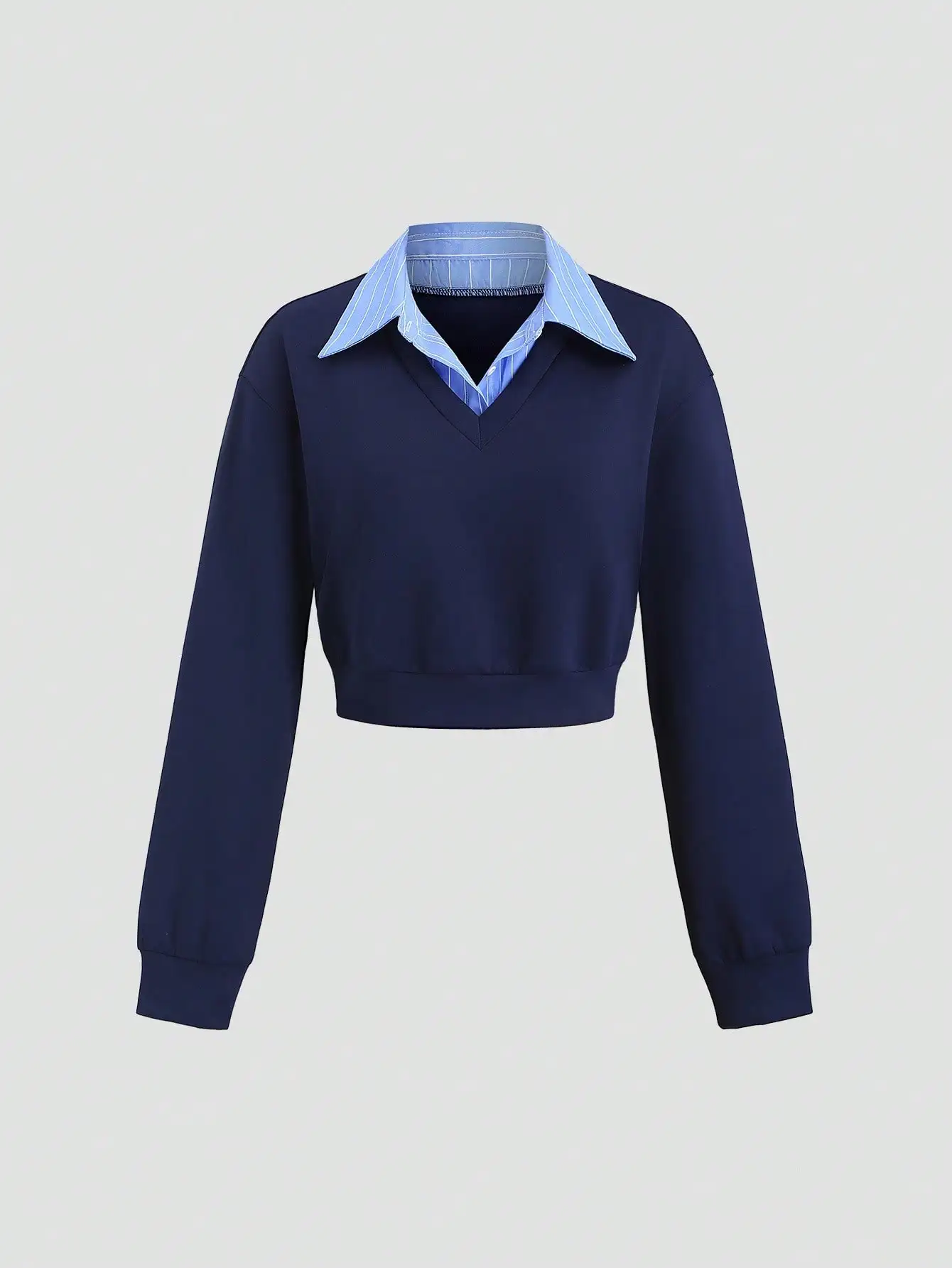 

Темно-синий укороченный свитшот 2-в-1 с V-образным вырезом и полосатым воротником