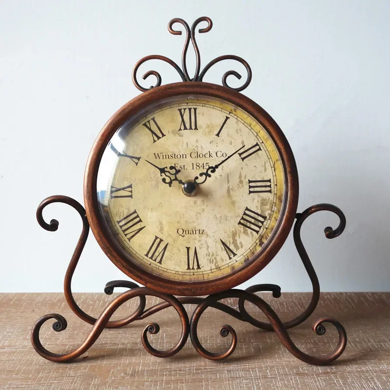 Vintage Retro Iron Ornament  Operated Silent Table Clock Home Bedroom Living Room Office Decor