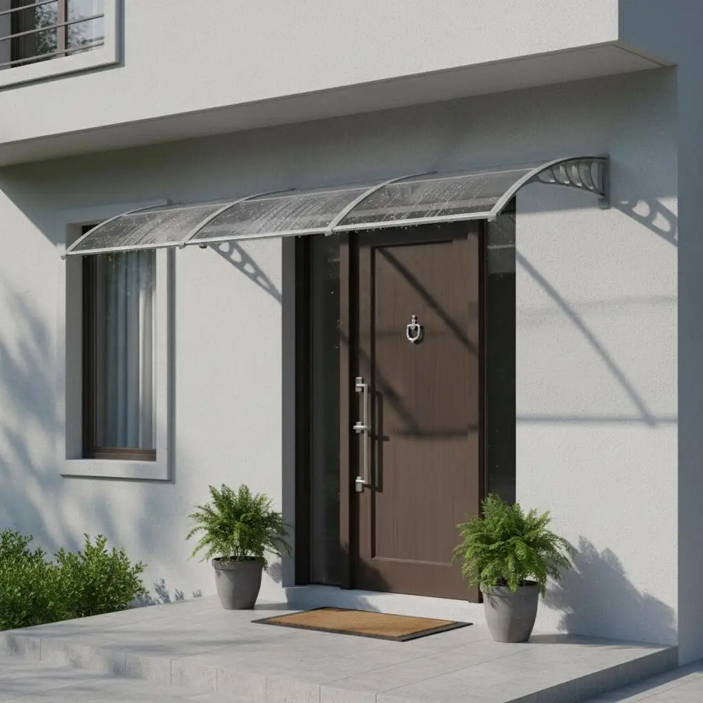 

Поликарбонатный навес 120x38 дюймов для дверных проемов, окон, балконов, с серыми пластиковыми кронштейнами, прозрачными полыми листами и алюминиевыми кромочными панелями