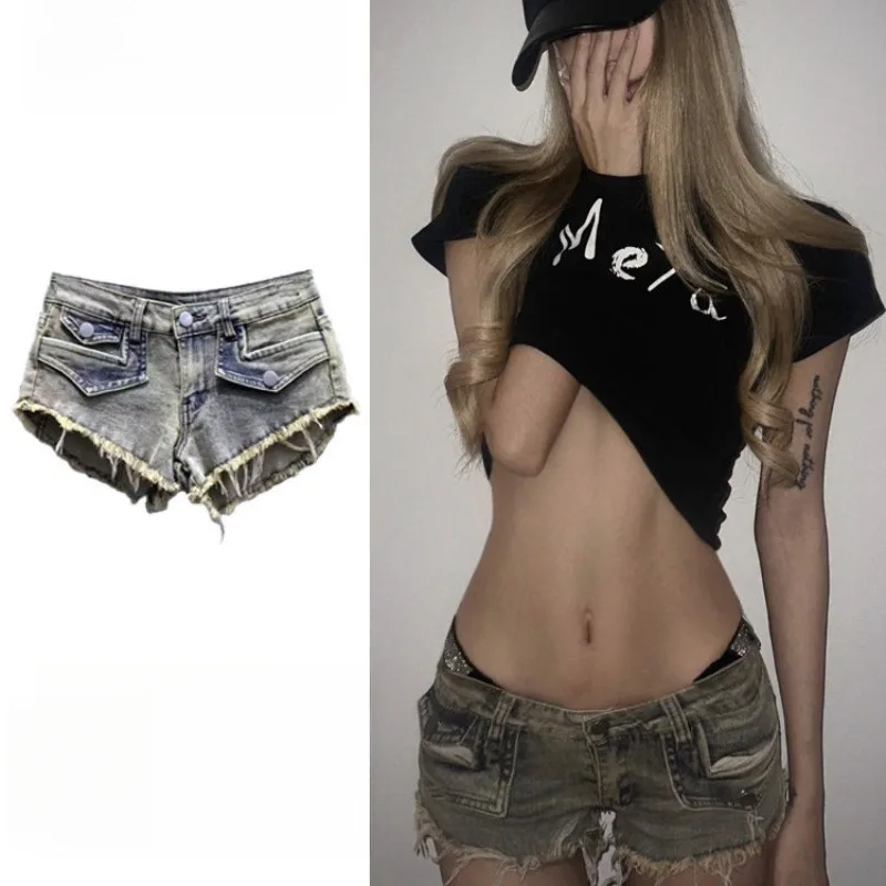 

2026 New Summer Y2k Shorts Retro Nightclub Low Waist Button Denim Burr Super Shorts Women
