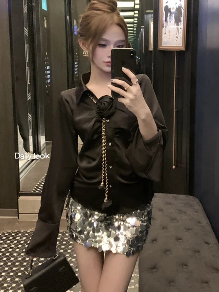 3d Floral Weißes Hemd Frauen Süße Langarm Elegante Dünne Bluse Mode Lässig Koreanische Weiblichen Frühling Plissee Tops Neue