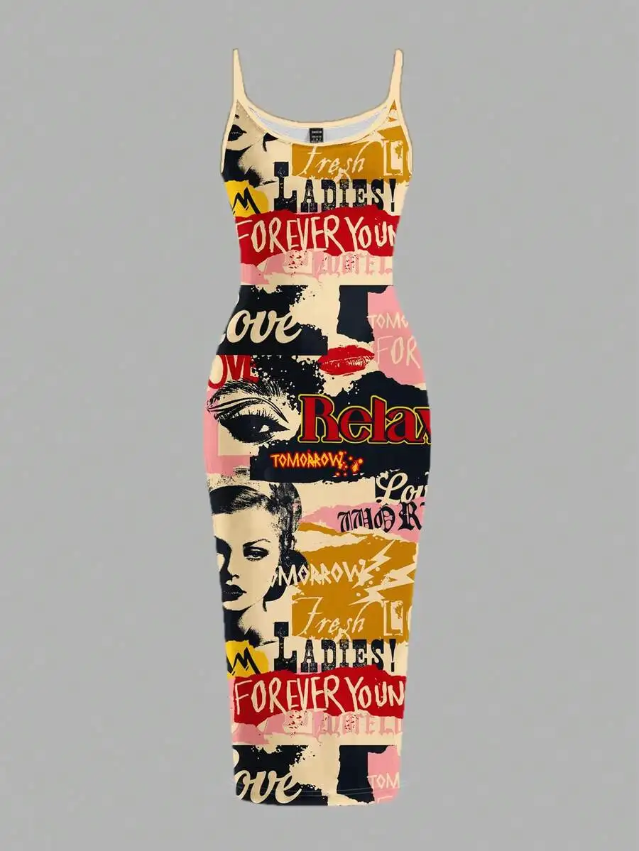 

Vintage Poster Print Casual Plus Size Dress For Music Festivals