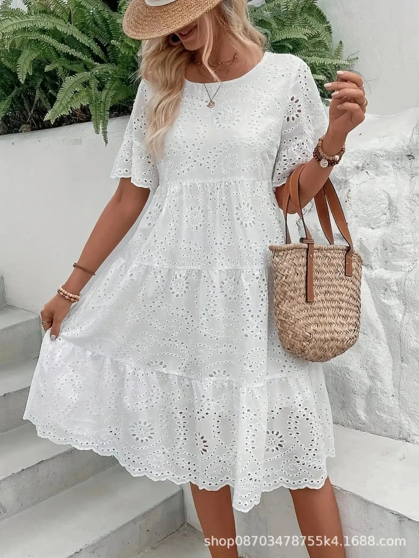Fashionable New Amazon Wish Solid Color Cotton Embroidery Dress With Hollow Out Pattern European And American Style