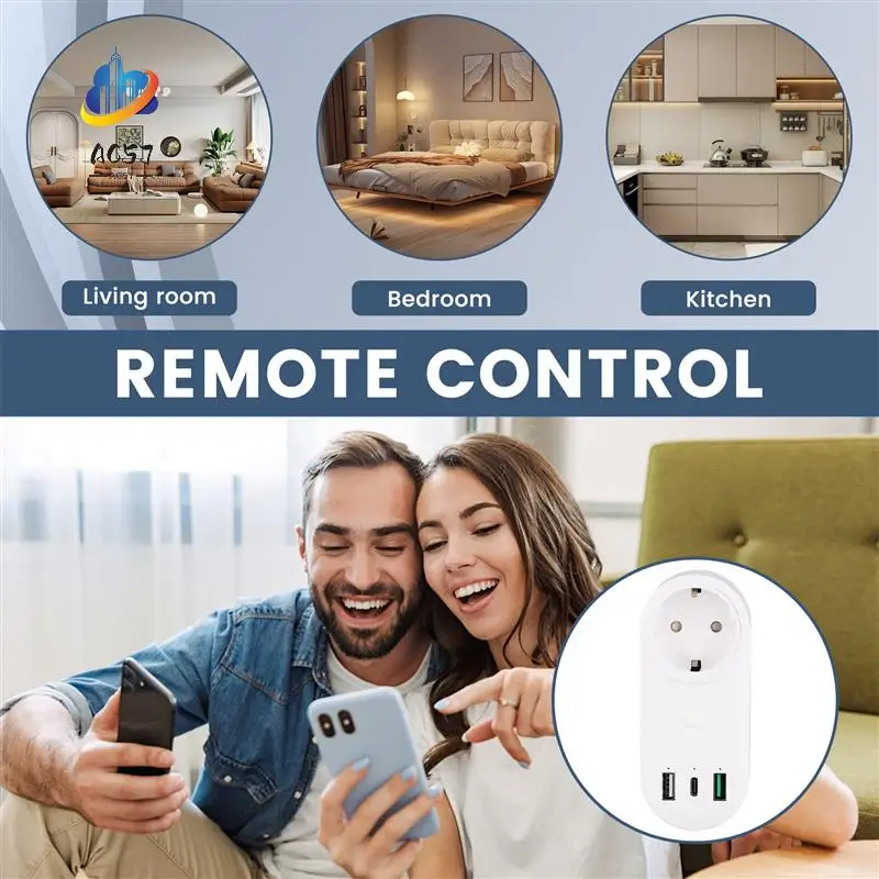

AC57-Smart Socket Wifi Plug 16A 2-Hole USB+Type-C Outlets 65W Remote Control Compatible Alexa