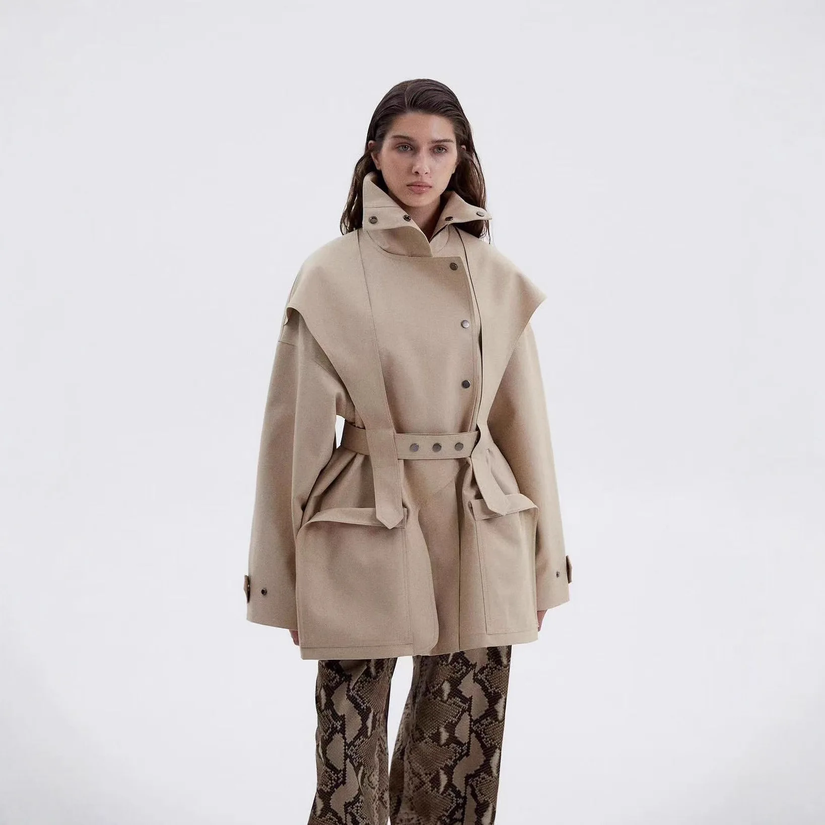 

Simple Solid Color Single-Breasted Waist-Pocket Jacket Autumn Women's Fashion Lace-Up Stand Collar Commuter Street Style Coat