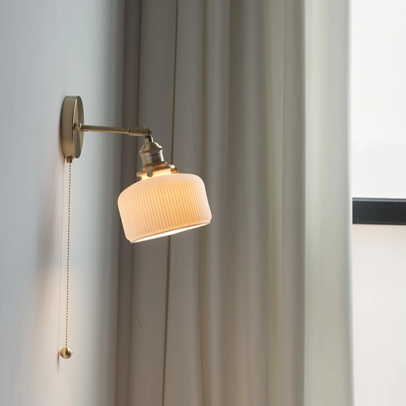 Japonês lâmpada de parede do vintage bronze cerâmica abajur puxar fio interruptor giratória arandela para o quarto cabeceira luz parede decoração para casa