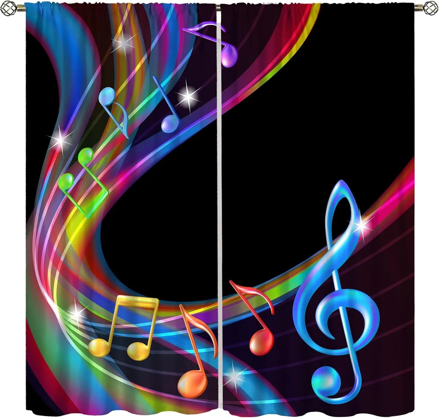 Color Music Curtains Cool 3D Romantic Colorful Musical Note Art Windows Treatments Rod Pocket Drapes for Kids Boys Girls Living