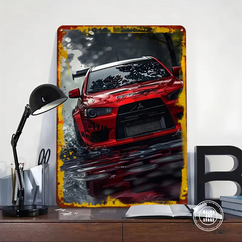 Red Japanese Car Lancer Evolution Printed Poster Customized Wall Art Retro Vintage Metal Tin Signs for Decoration Home House