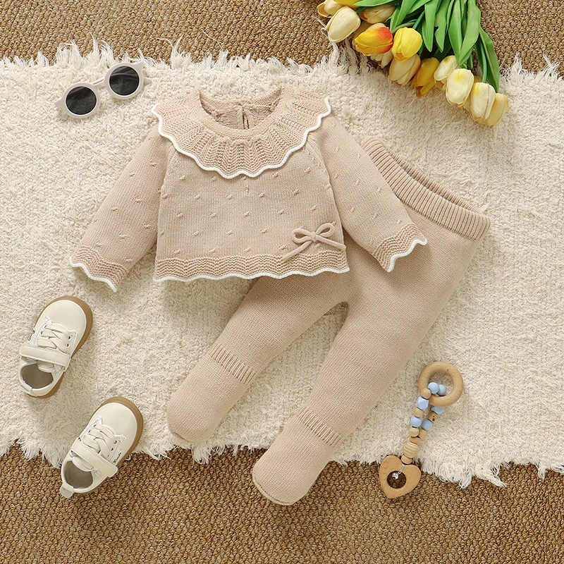 Toddler Legging Set - ベビー服セット冬ベージュ長袖ニット新生児セータープルオーバー + レギンス衣装 2 個幼児ニットウェア秋幼児スーツ