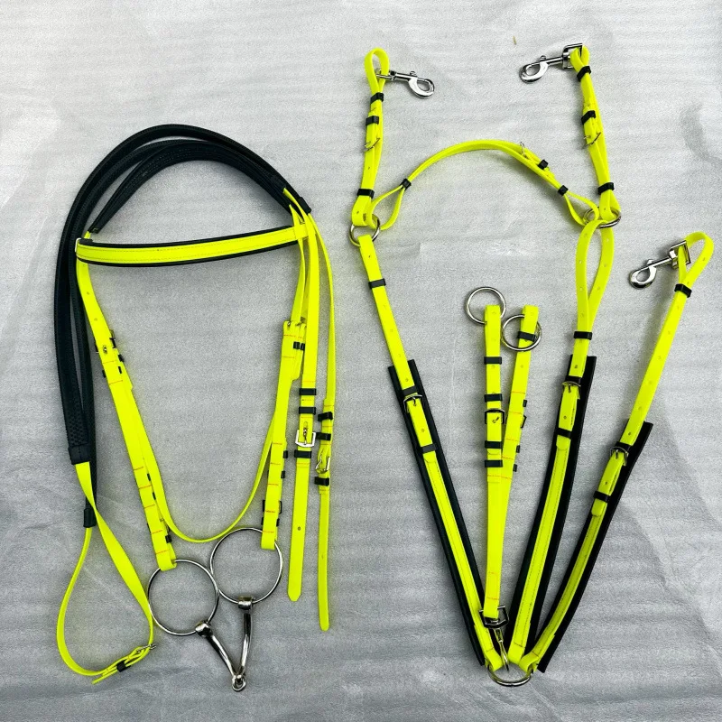 耐久性マラソンステンレス鋼馬勒PVCパッド入り鼻帯額帯手綱モデル赤緑乗馬馬術2