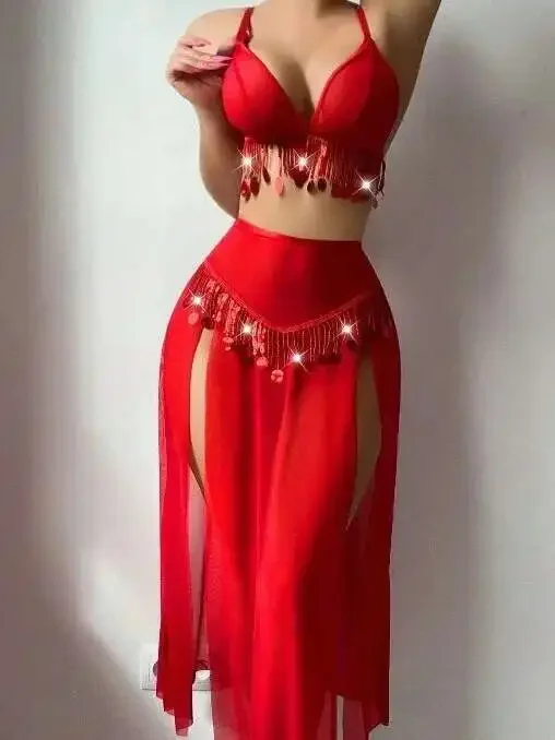Set di gonne con paillettes sexy trasparenti in tinta unita Set di gonne senza maniche con bretelle a V profonde senza schienale Affascinante ed elegante bella HQGD