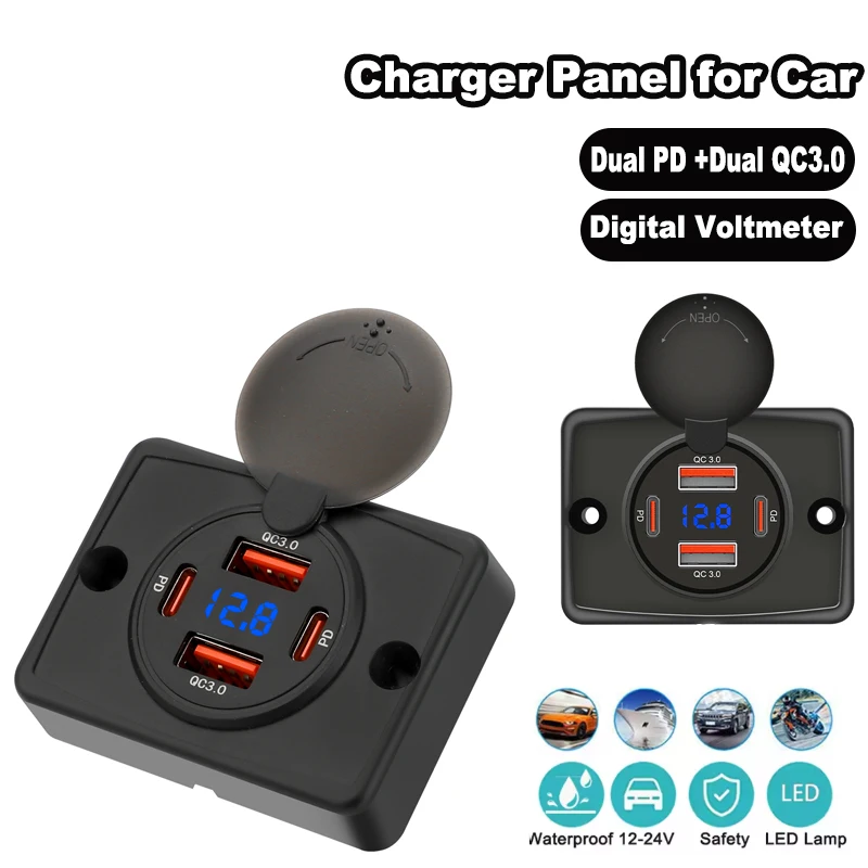 QC3.0 PD Car Fast Charger Socket 12V/24V Power Supply Modified Fast Charging With Digital Voltmeter Car Bus Rv Bus Ship Truck