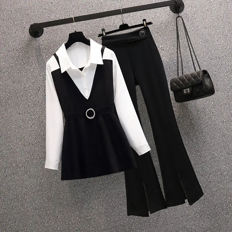 Two Piece Set for Women Spring Fashion Office Sets Spring Autumn New Slim Turn Down Collar Shirt High Waist Straight Pants