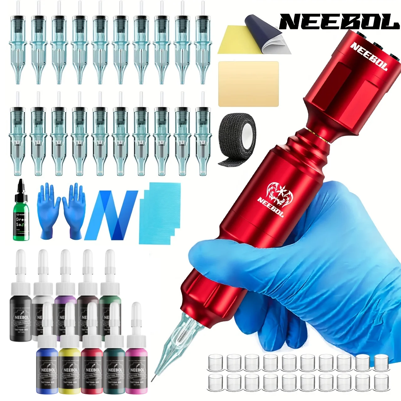 Neebol Wireless Tattoo Kit, Rotary Tattoo Pen with LCD display screen, 20 Cartridge Needles, 10 Inks, Complete Tattoo Gun Kit