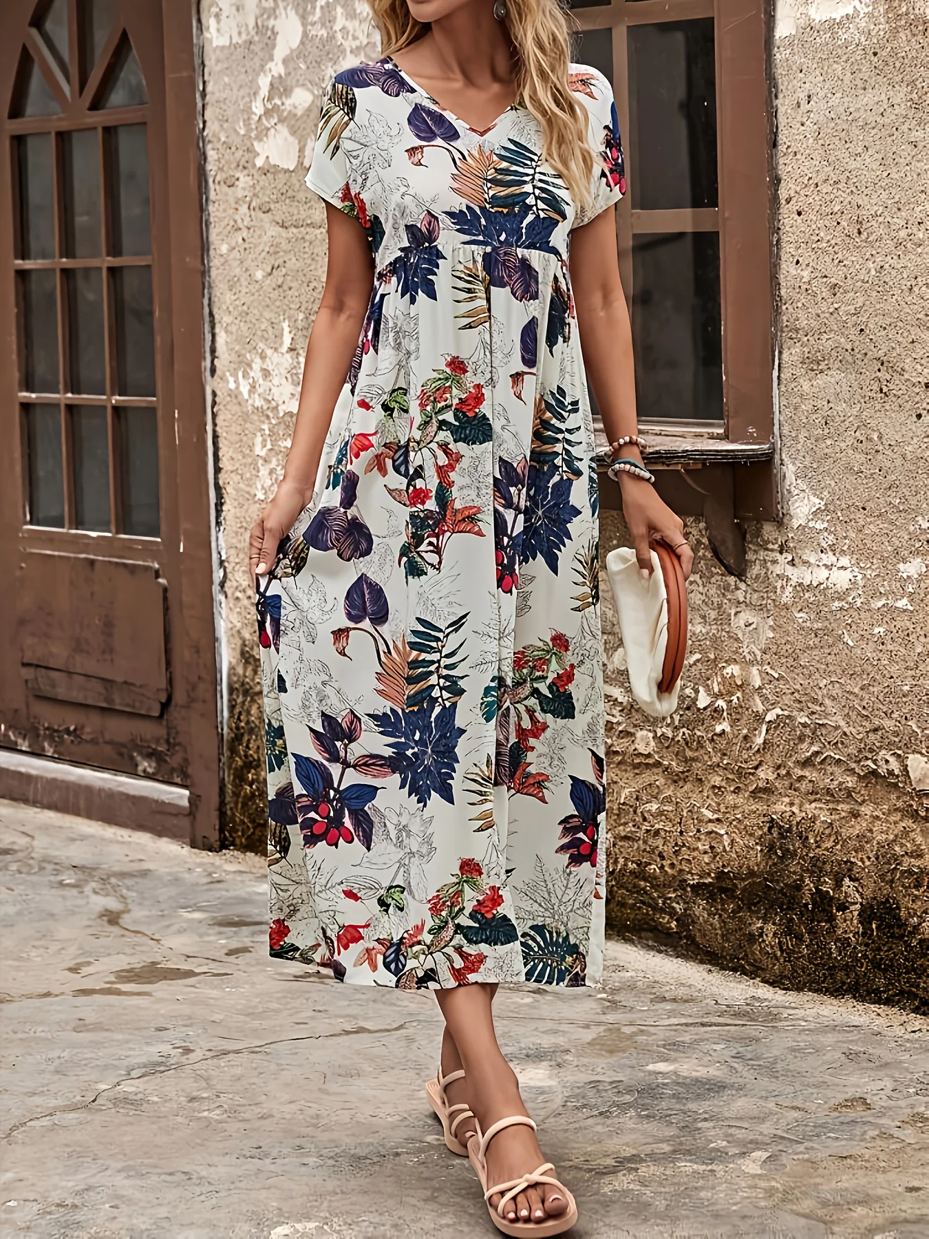 فستان نسائي أنيق فضفاض برقبة دائرية وأكمام قصيرة وطباعة ريترو فستان نسائي طويل كاجوال #3