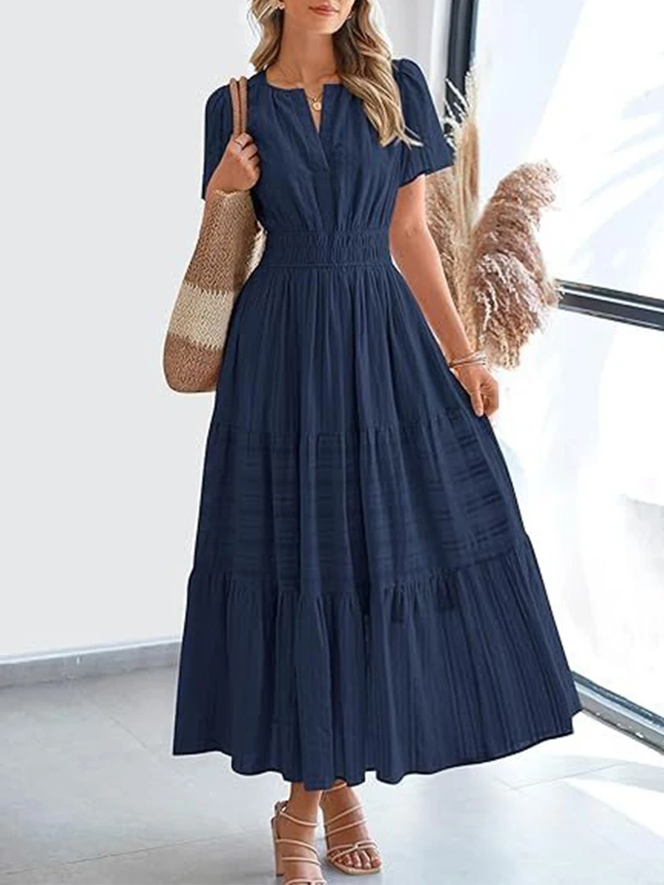 2025 Spring and Summer Cross border European and American Fashion Women's V-neck Folded Bubble Sleeve Layered Big Swing Dress - Image 3