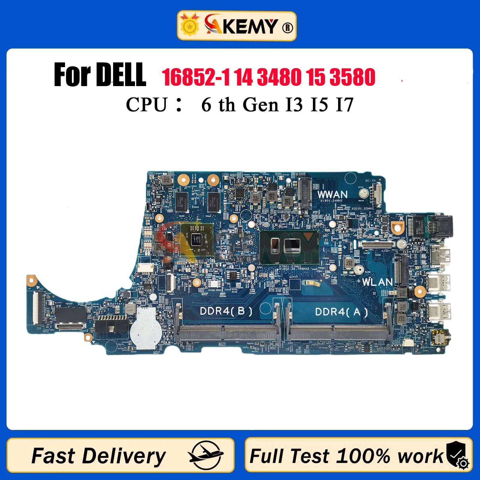 

16852-1 Laptop Mainboard For DELL Latitude 3480 3580 CN-02V63C 004JRR 0TD9WG 08NCKY Motherboard with i3 i5 i7 100% Working