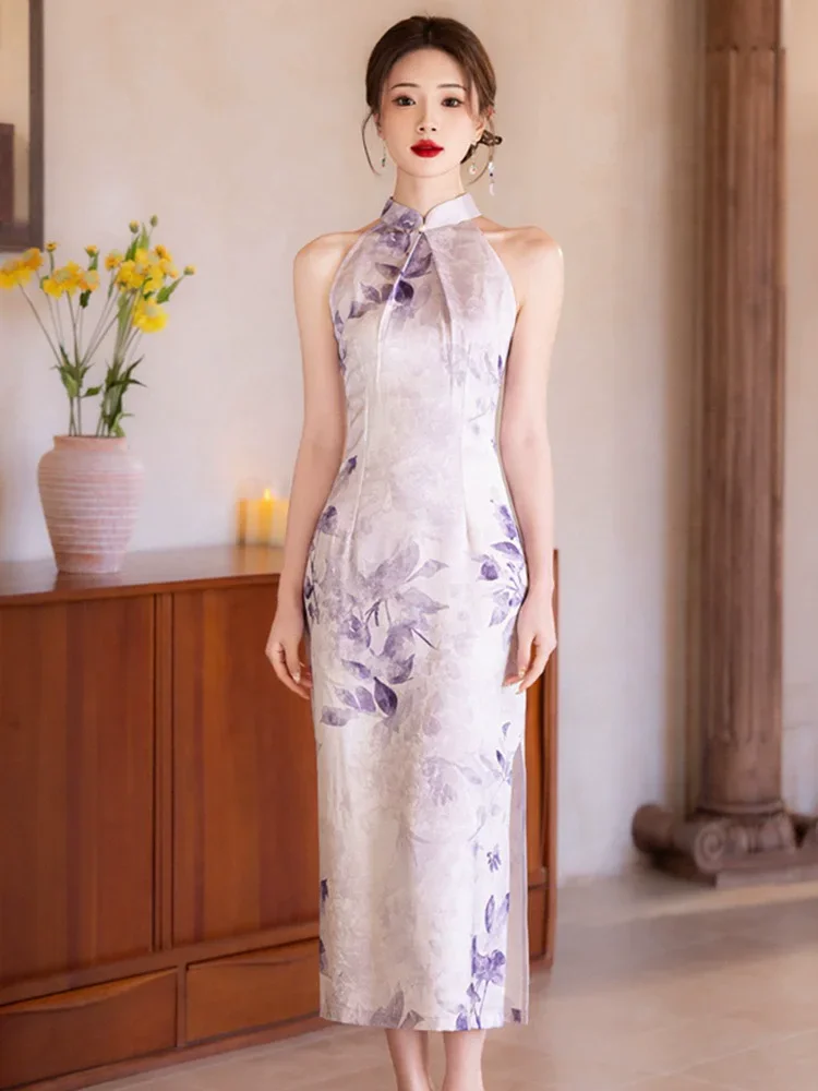 

Hanging Neck Sleeveless Print Elegant Chinese Style Long Cheongsam New Summer Vintage Qipao Young Women Sexy Dress
