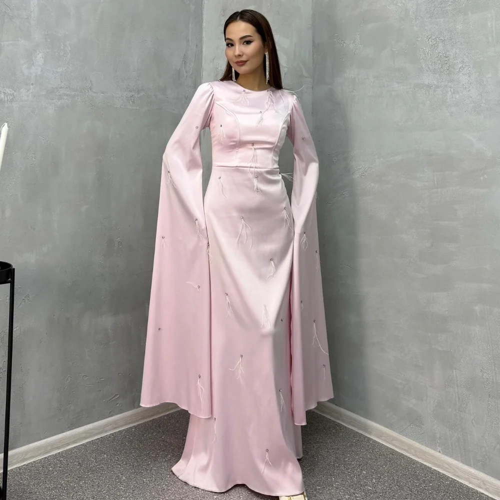 

Customized Modern Style Exquisite Charmeuse Feather Rhinestone Ruched Straight Scoop Neck Long Dresses Bespoke Occasion Dresses