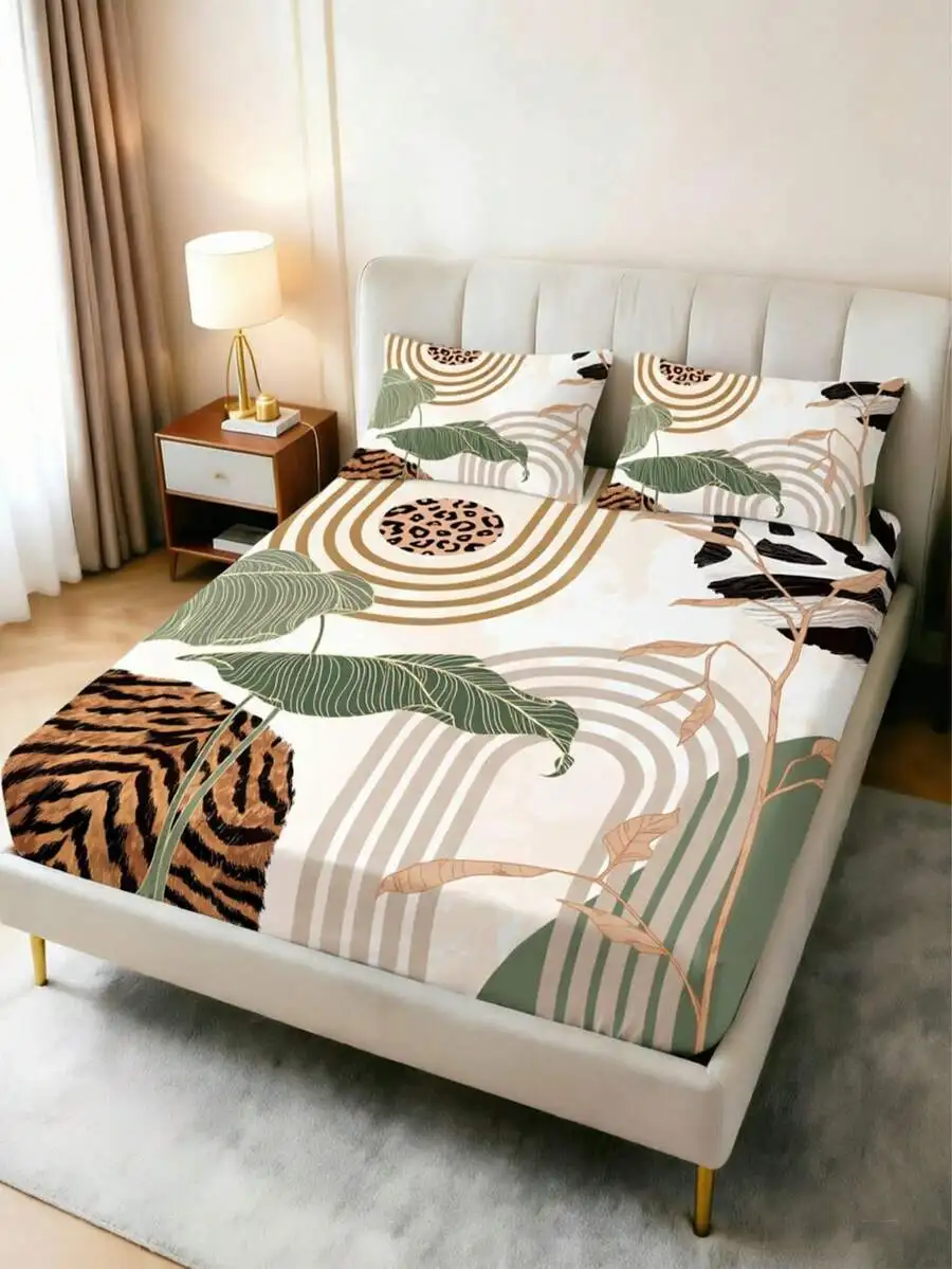 

1PC Boho Tropical Leaf & Animal Leopard Print Pattern Fitted Sheet Mattress Protector Bed Sheet Soft Skin-Friendly Non-Slip Bedd