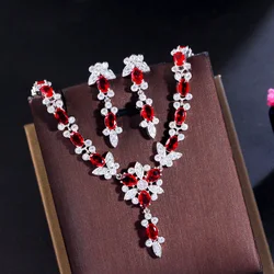 Pera Elegant Red CZ Stone Long Butterfly Charm Pendant Clavicle Necklace Earrings Jewelry Set for Women Birthday Party Gift J532