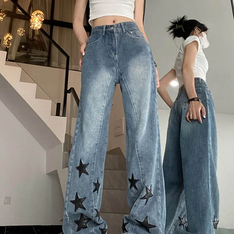 

Women's Spring Autumn Fashion New Vintage Patch Pocket Casual Versatile High Waist Straight Leg Loose Fit Denim Wide Leg Pants